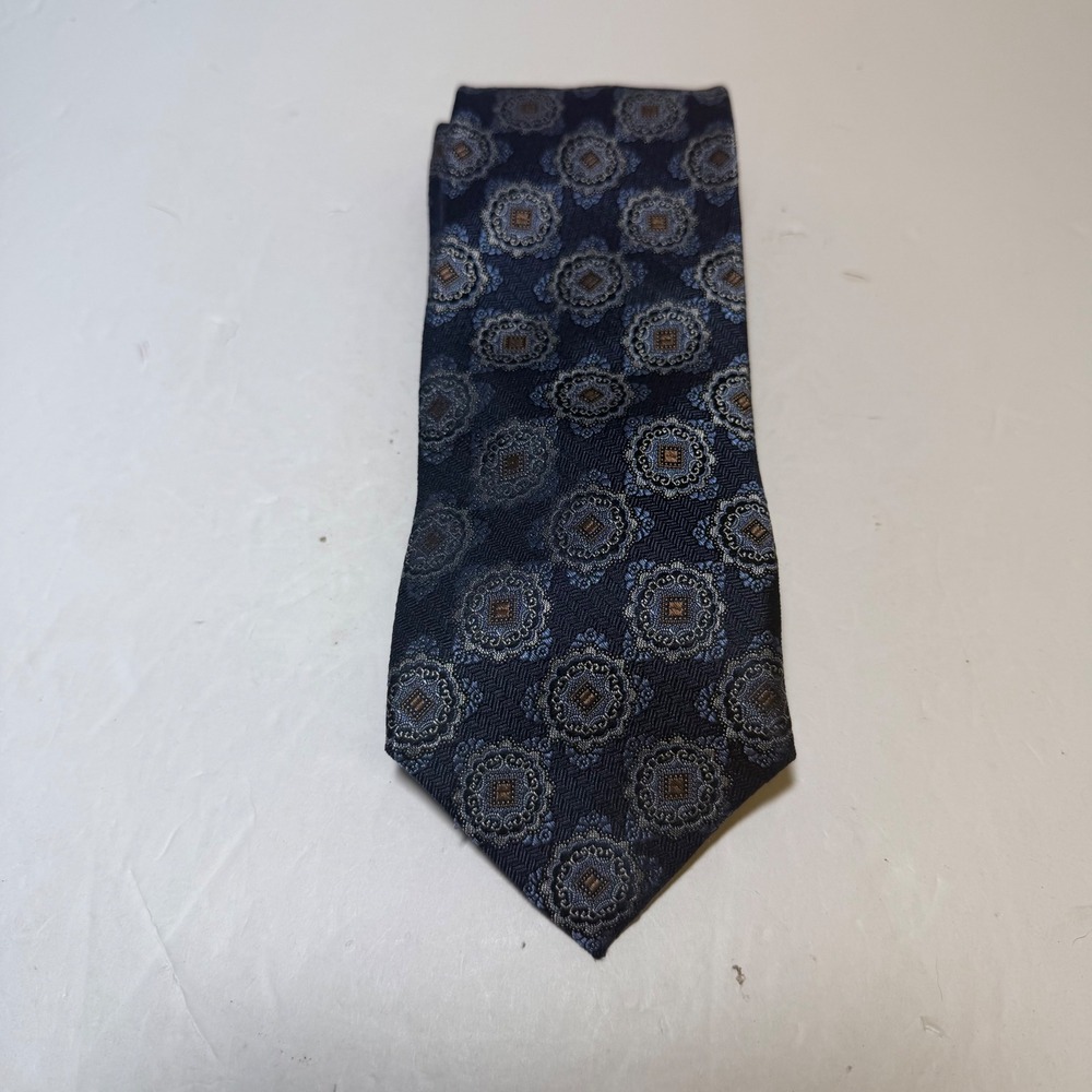 Paul Fredrick Mens Navy Blue Silk Medallion Geometric Necktie Formal Tie